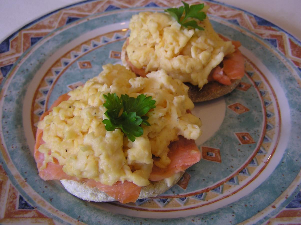 Smoked salmon with scrambled eggs breakfast at Kays Cottage
